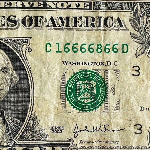 2003 $1 Bill – Fancy Serial Number 16666866 – Repeater / Near-Mirror – Circulate - Picture 3 of 3